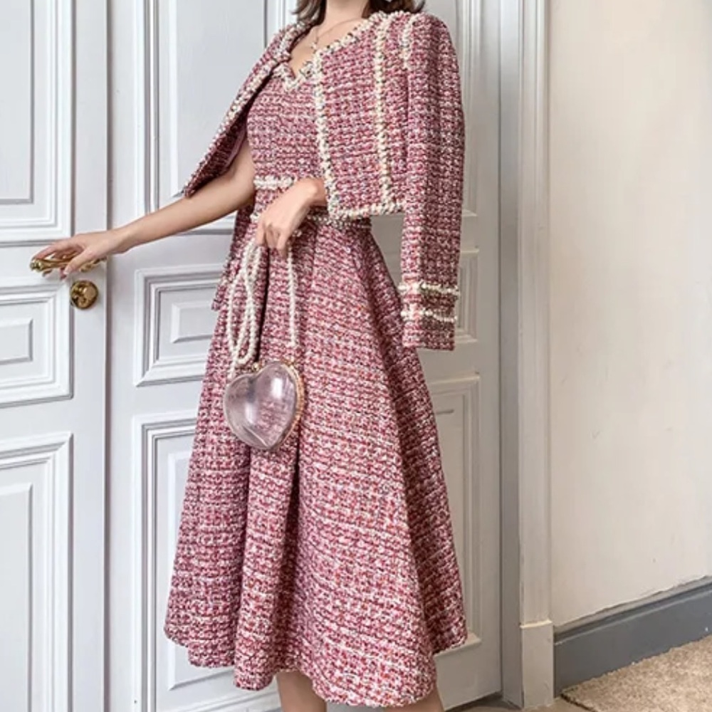 2 Piece PinkMulti colored Tweed Dress/Blazer Set